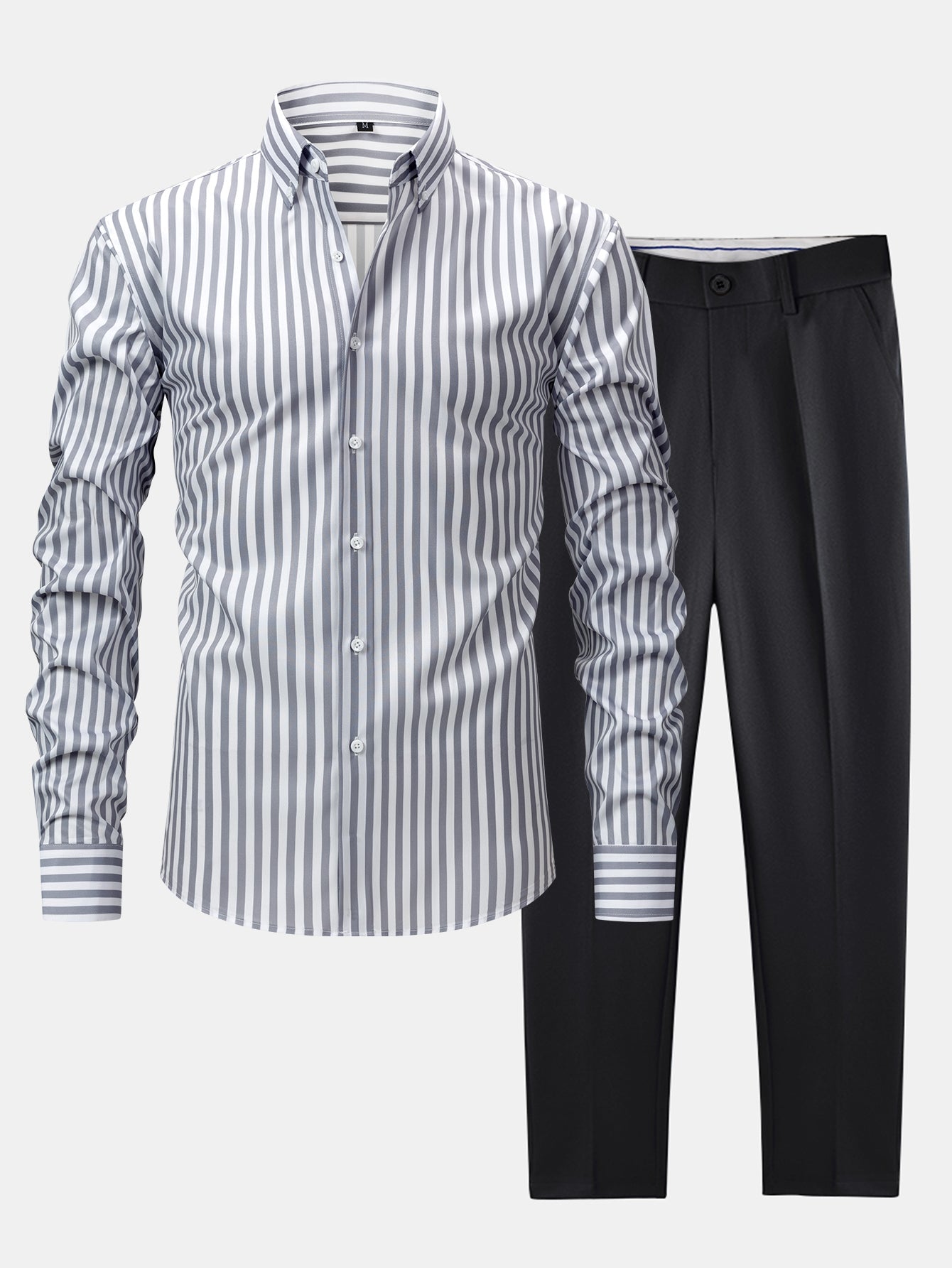 Striped Long Sleeve Button-Up Shirt with Wide Leg Slim Fit Trousers - Montaracrest