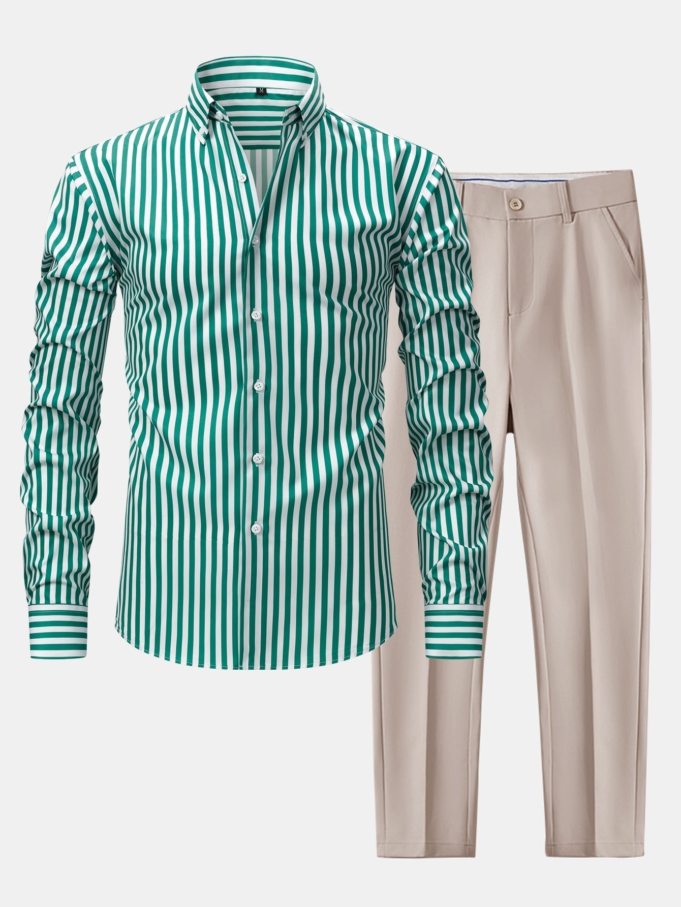 Button-Up Long Sleeve Striped Shirt with Wide Leg Slim Fit Trousers