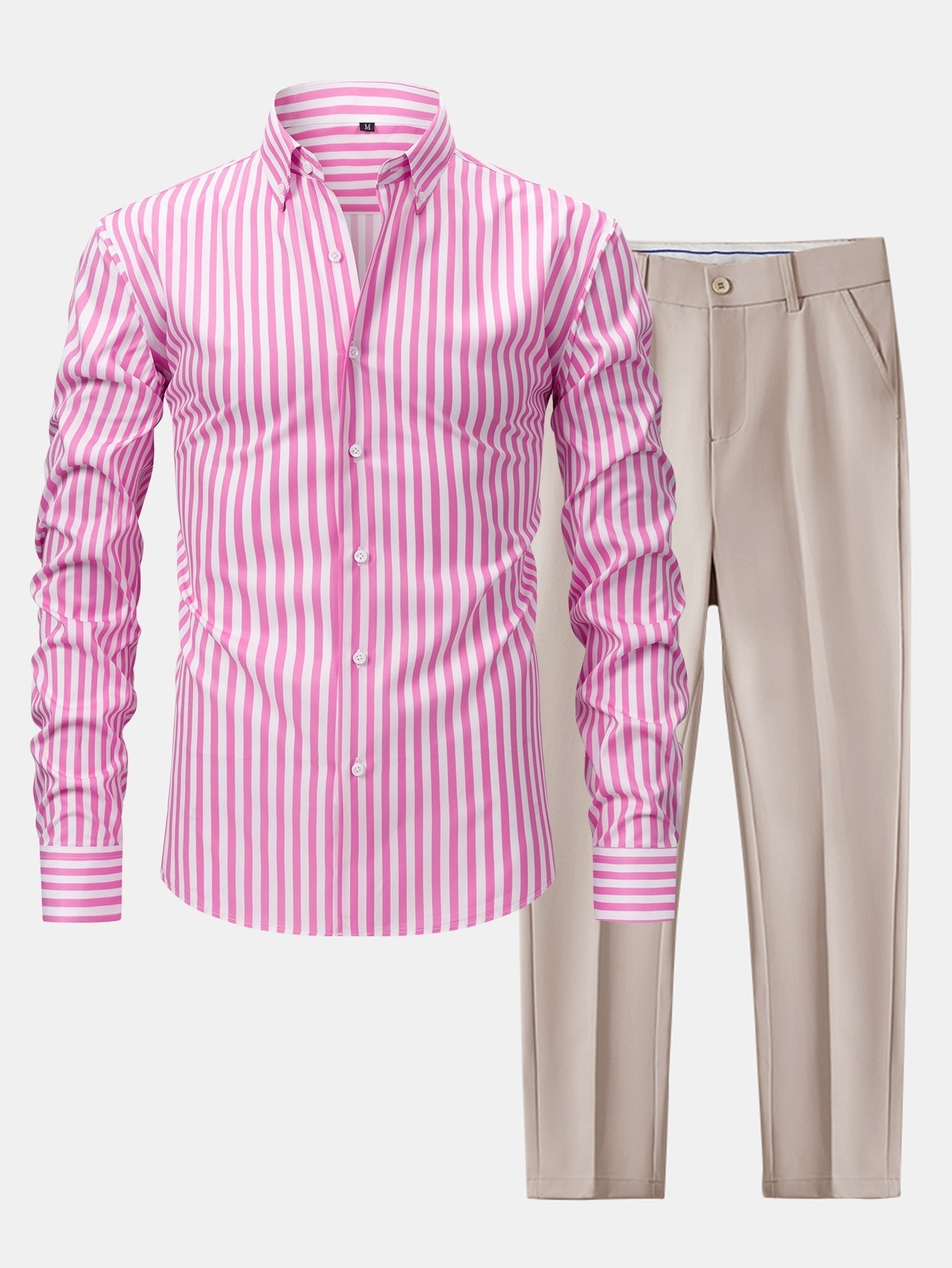 Button-Up Long Sleeve Striped Shirt with Wide Leg Slim Fit Trousers
