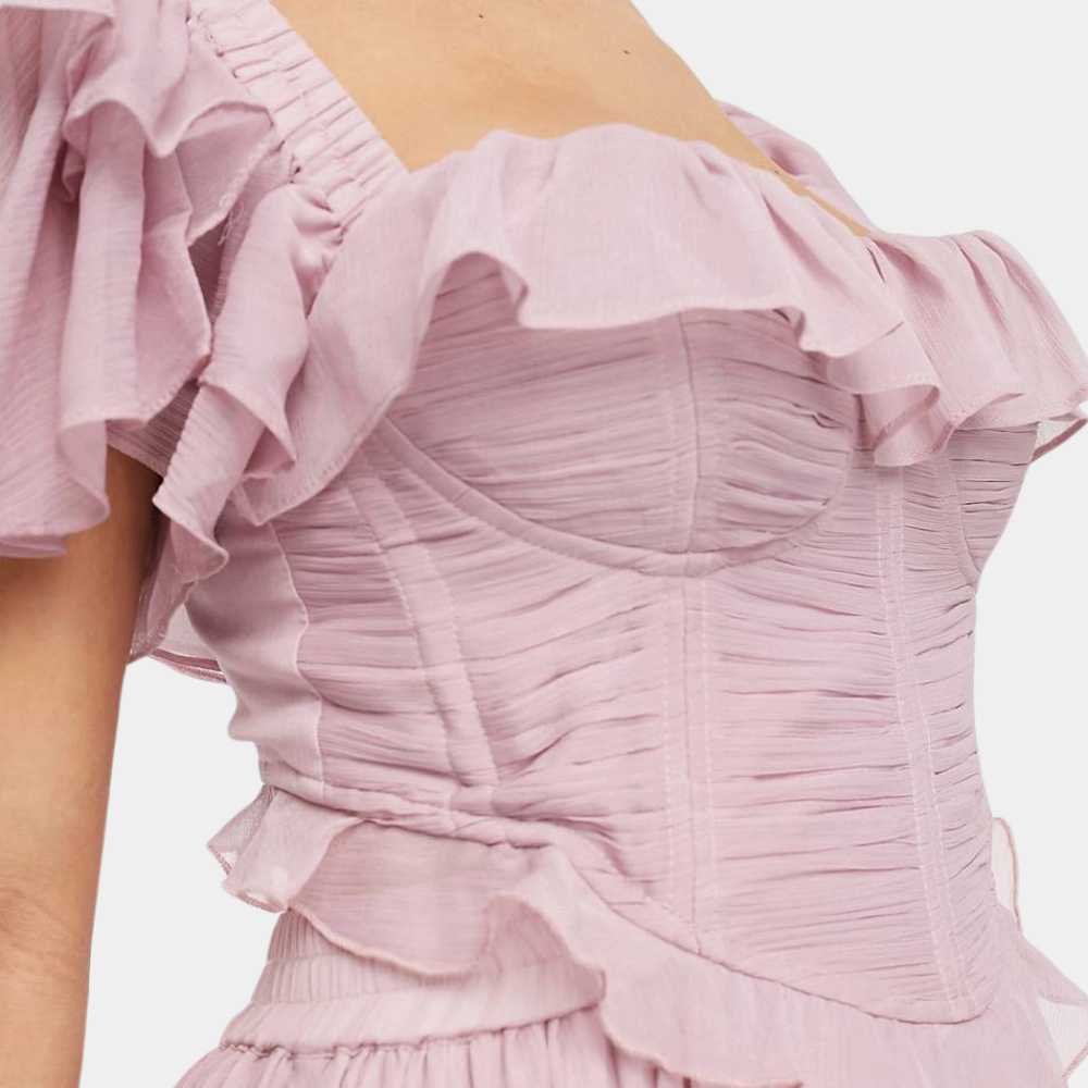 Pink Amelisse Ruffle Dress by Montaracrest, a stylish women's fashion dress with ruffle details, suitable for all-year wear.