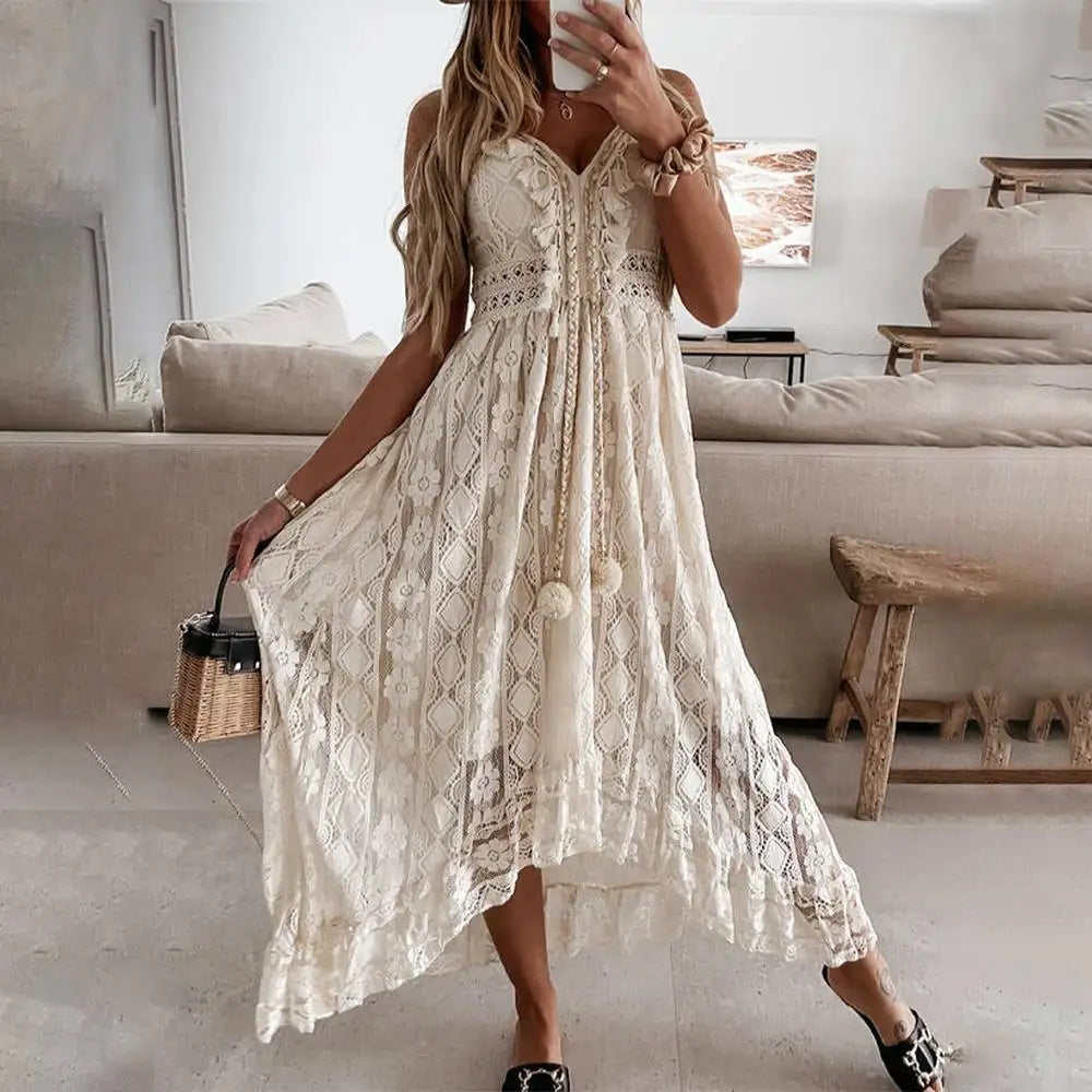 Elegant white midi lace dress by Montaracrest featuring romantic details, perfect for summer, beach, or evening occasions.