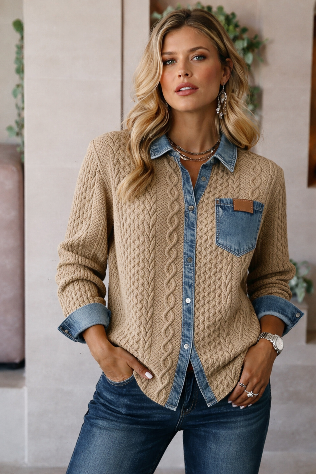 Montaracrest Ambra AURDONNA patchwork knit top with denim details, featuring a stylish mix of fabric textures and casual design.