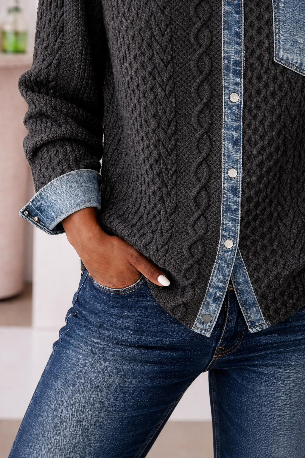 Ambra | Top in maglia patchwork con dettagli in denim - Montaracrest