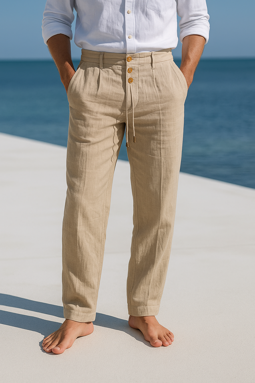 Lightweight men's linen summer pants by Montaracrest featuring a relaxed fit and neutral color, perfect for warm weather.