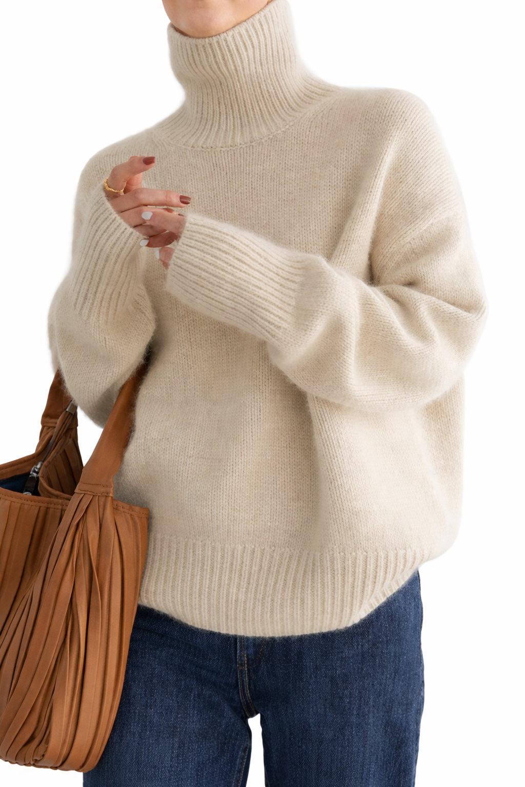 Cream-colored Isabella cashmere sweater by Montaracrest, featuring a soft knit texture and classic crew neck design.