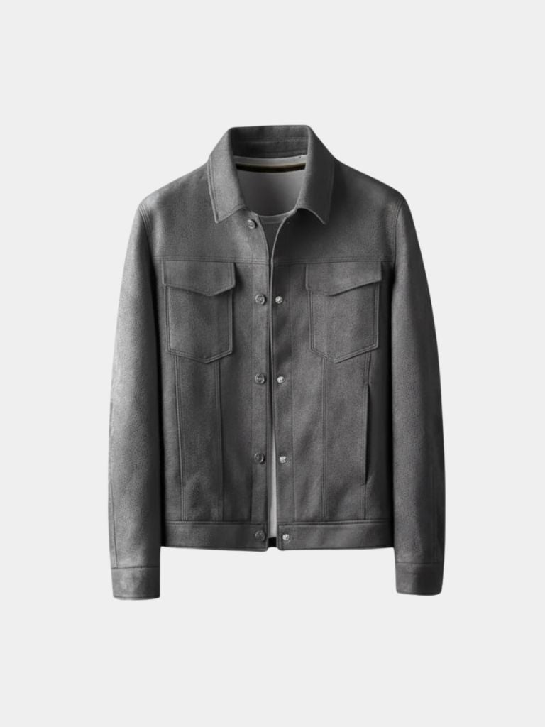 Black leather pilot jacket by Montaracrest, featuring a classic design with a front zipper and collar detail.