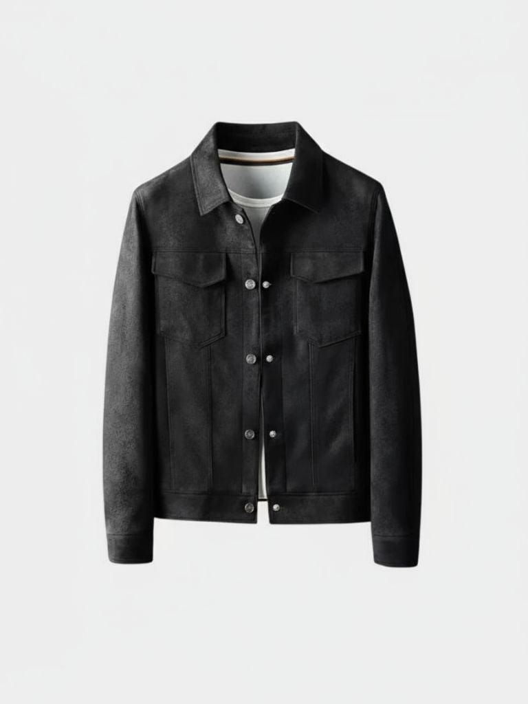 Brown leather pilot jacket by Montaracrest, featuring classic collar and zipper details, styled on a mannequin.