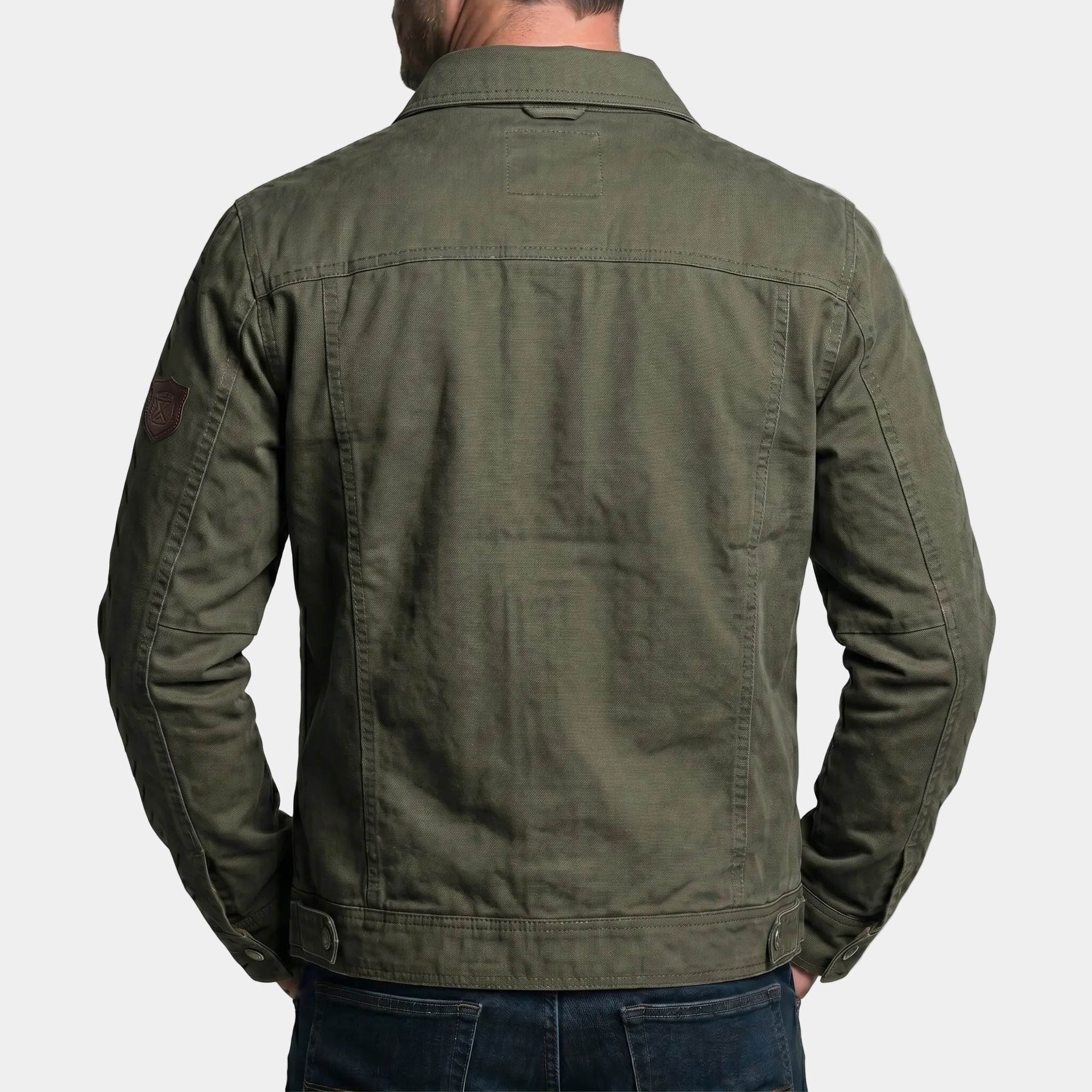 Back view of Montara & Crest Giacca Brenton Vintage Cotton jacket showing its classic design and tailored fit.