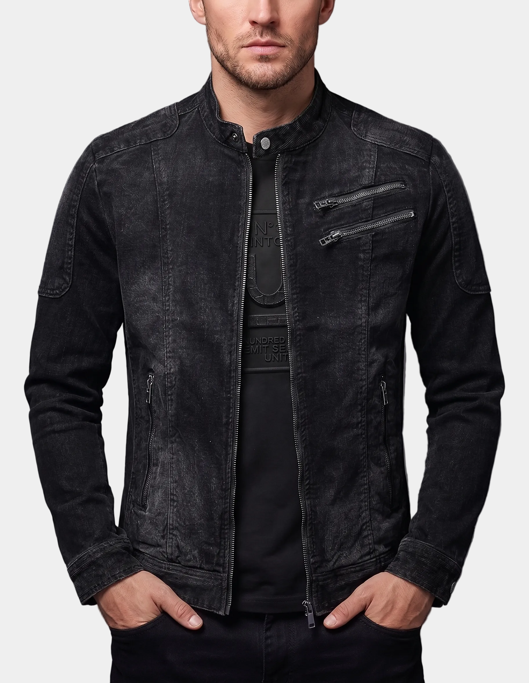 Montara & Crest Onyx denim jacket in black, showcasing a stylish black denim jacket with a classic fit and button details.