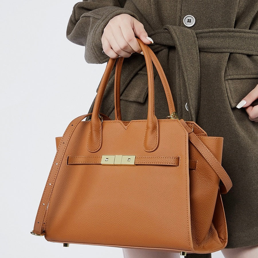 Borsa tote classica strutturata in pelle con dettagli dorati