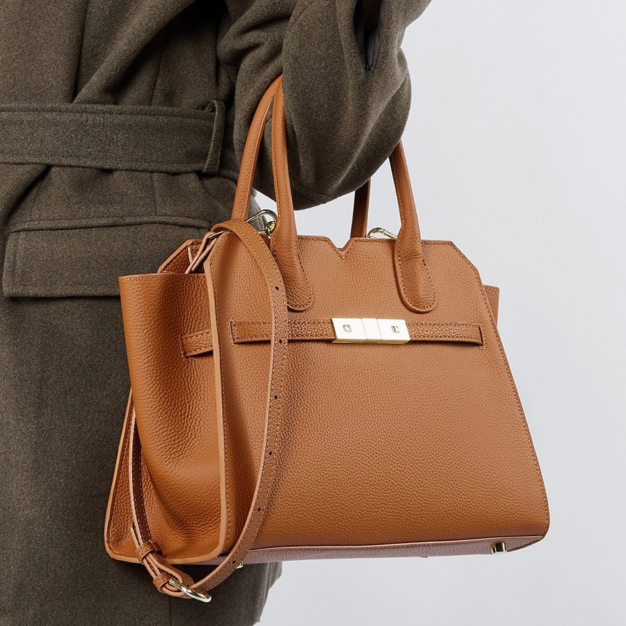 Borsa tote classica strutturata in pelle con dettagli dorati