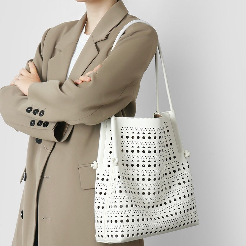 Borsa Tote Traforata in Vera Pelle con Pochette Removibile