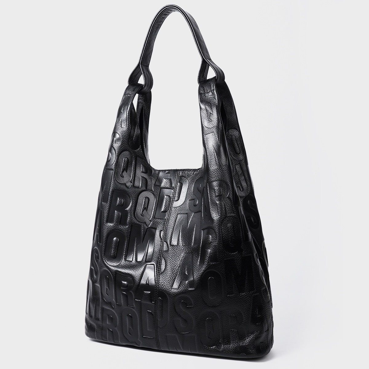 Borsa Hobo in Vera Pelle Nera con Scritta Goffrata