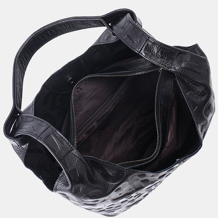 Borsa Hobo in Vera Pelle Nera con Scritta Goffrata