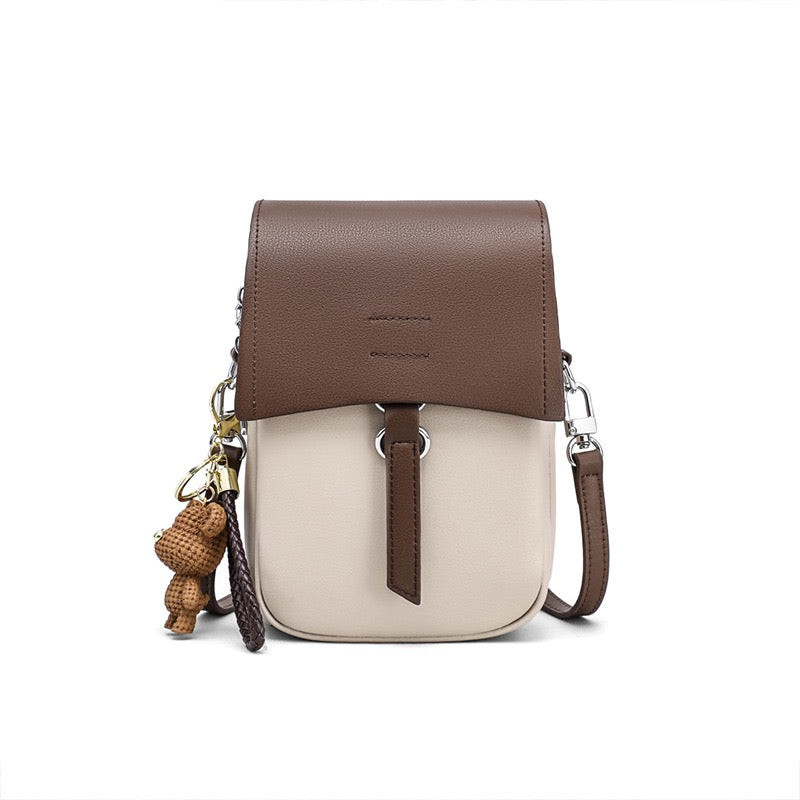 Borsa a Tracolla Mini Color-Block in Vera Pelle con Ciondolo a Orsetto
