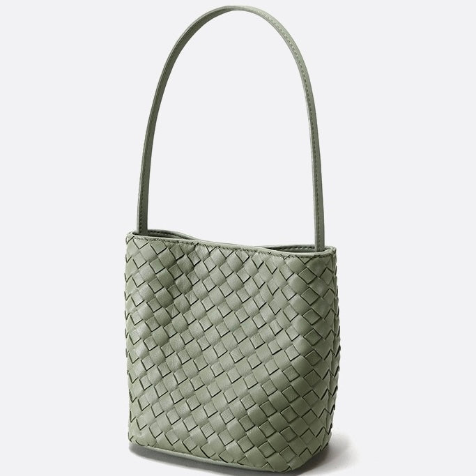 Borsa a secchiello da donna fatta a mano in vera pelle di pecora, modello retrò intrecciato