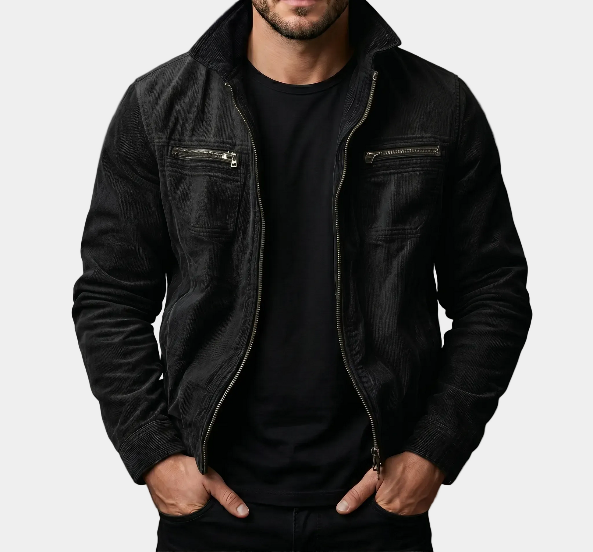 Black high-quality corduroy jacket by Montaracrest featuring a stylish, textured design and classic fit.