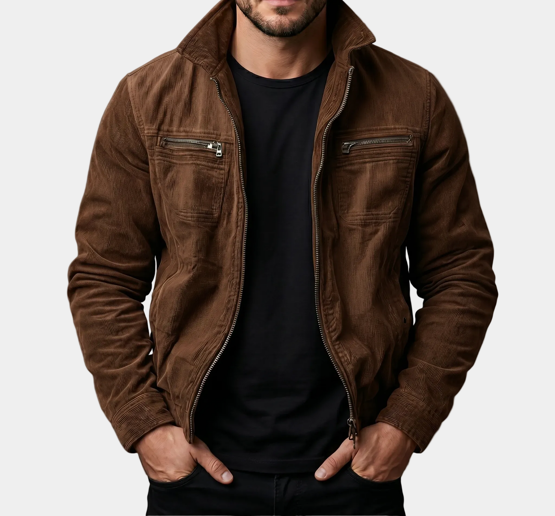 Coffee brown high-quality corduroy jacket by Montaracrest, featuring a stylish, textured design and classic fit.