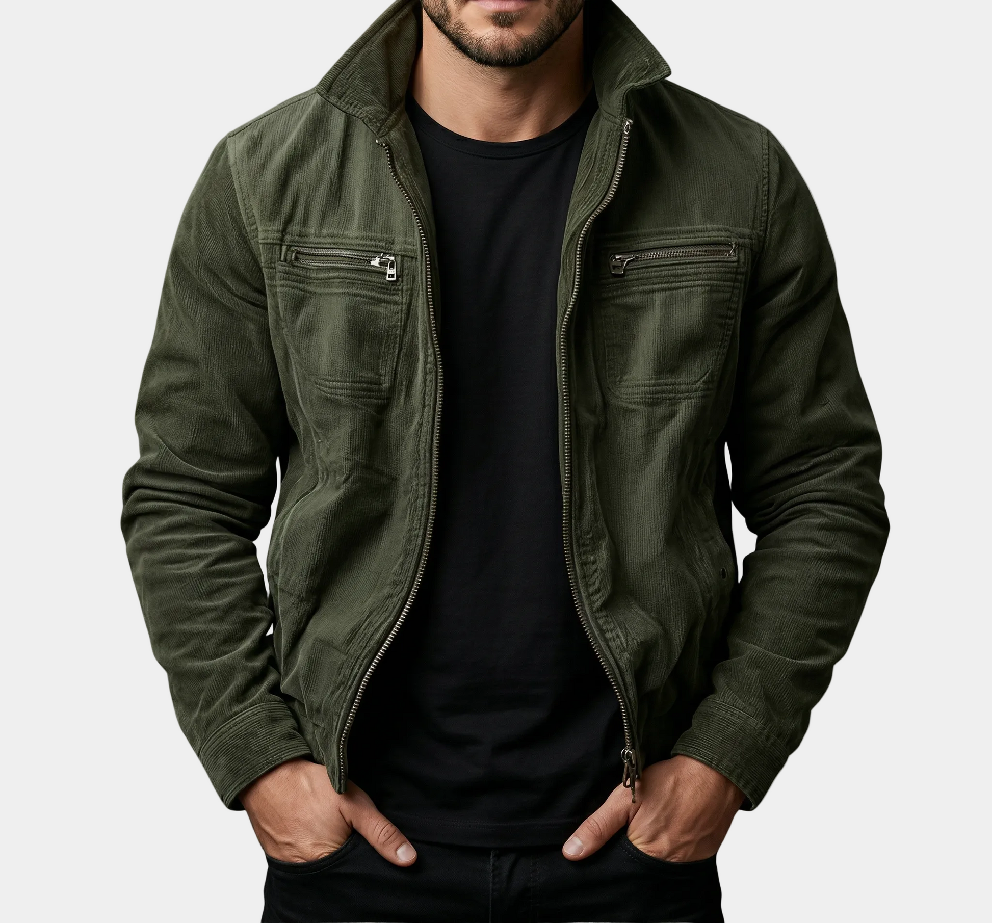 Gray high-quality corduroy jacket by Montaracrest featuring a classic collar and button closure.