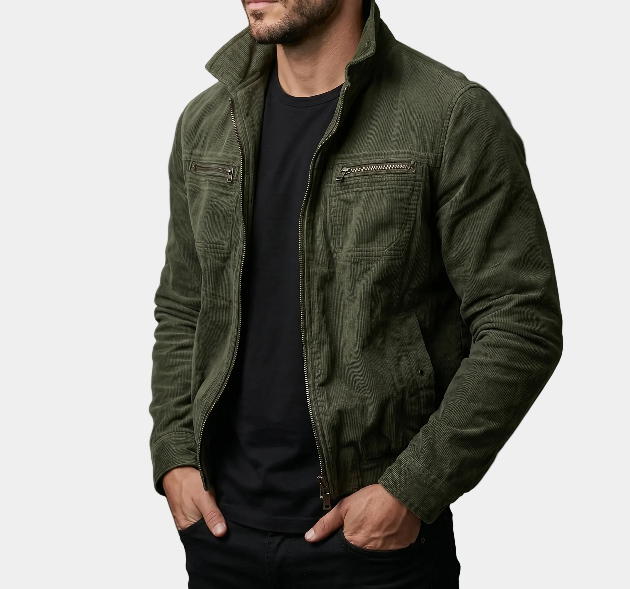 Green high-quality corduroy jacket by Montaracrest, shown from the side view, featuring a stylish collar and textured fabric.