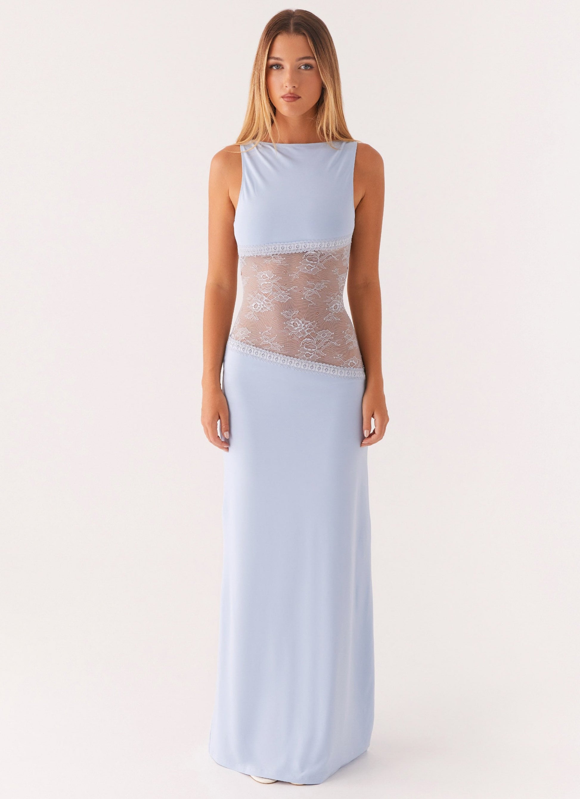 Blue Ember satin maxi dress by Montaracrest featuring a flowing design and elegant silhouette.