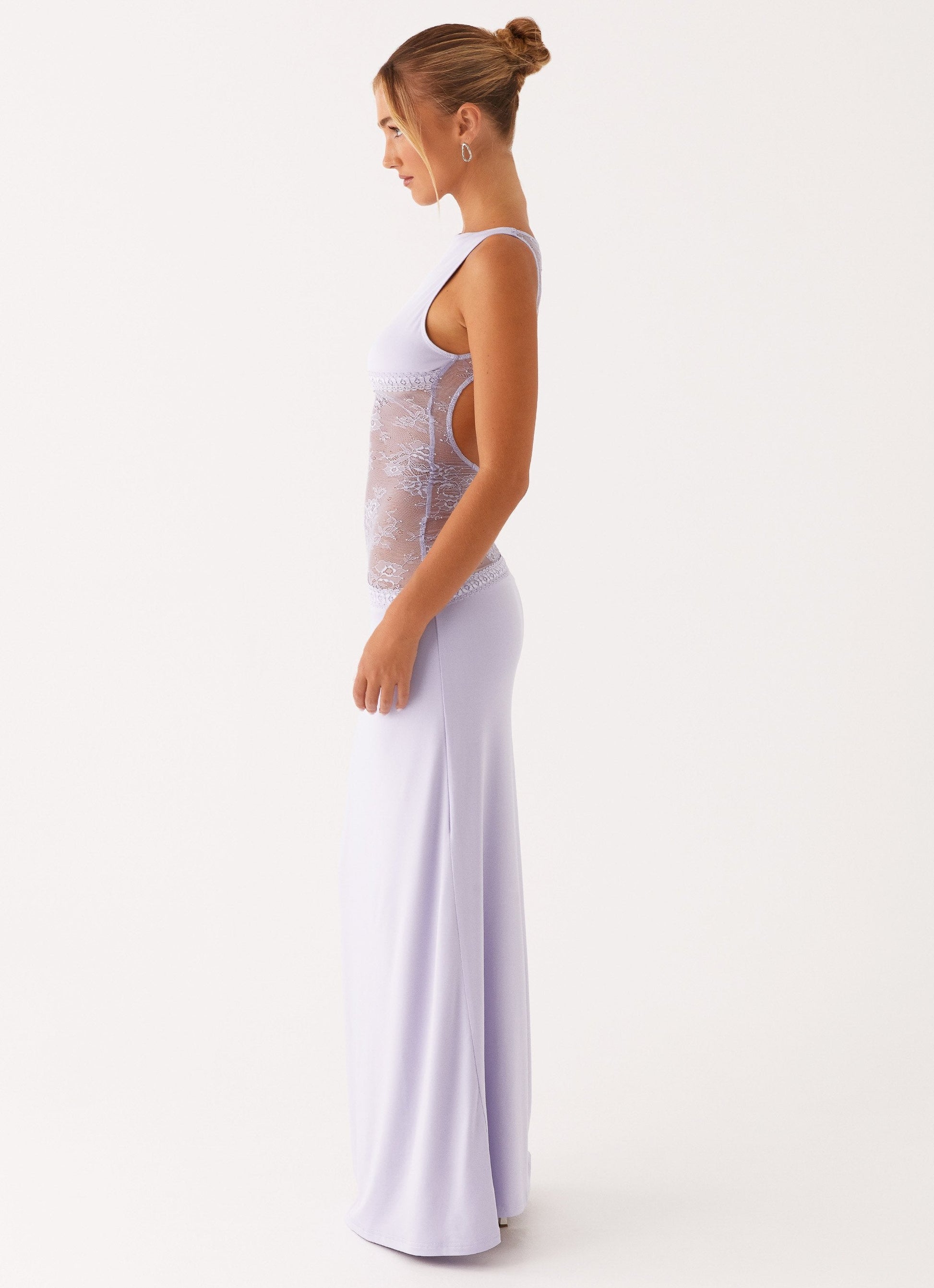 Lucinda satin maxi dress in lilac by Montaracrest, featuring a flowing silhouette and elegant design, perfect for formal occasions.