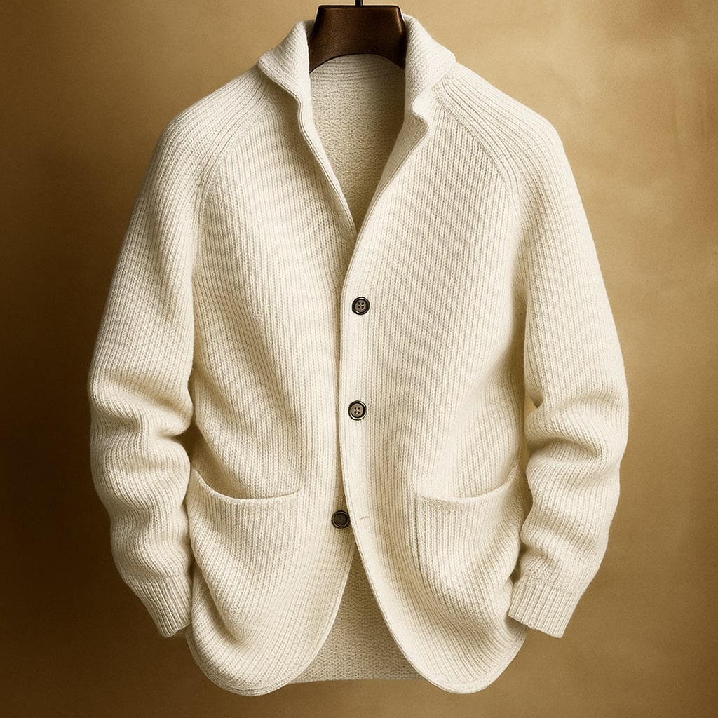 Lightweight knitted cardigan by Montaracrest, Ravelli Milano, with button details, shown in a natural close-up shot.