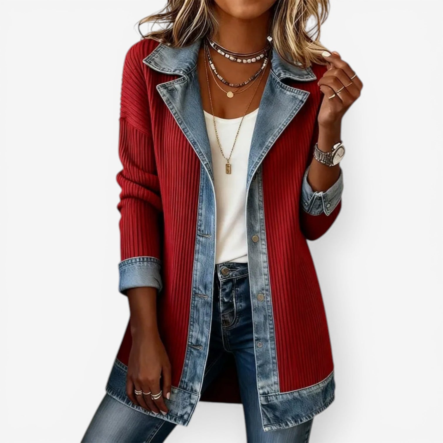 Montaracrest Emilia™ denim mixed fabric jacket displayed on a hanger, showcasing its classic design and stylish fit.