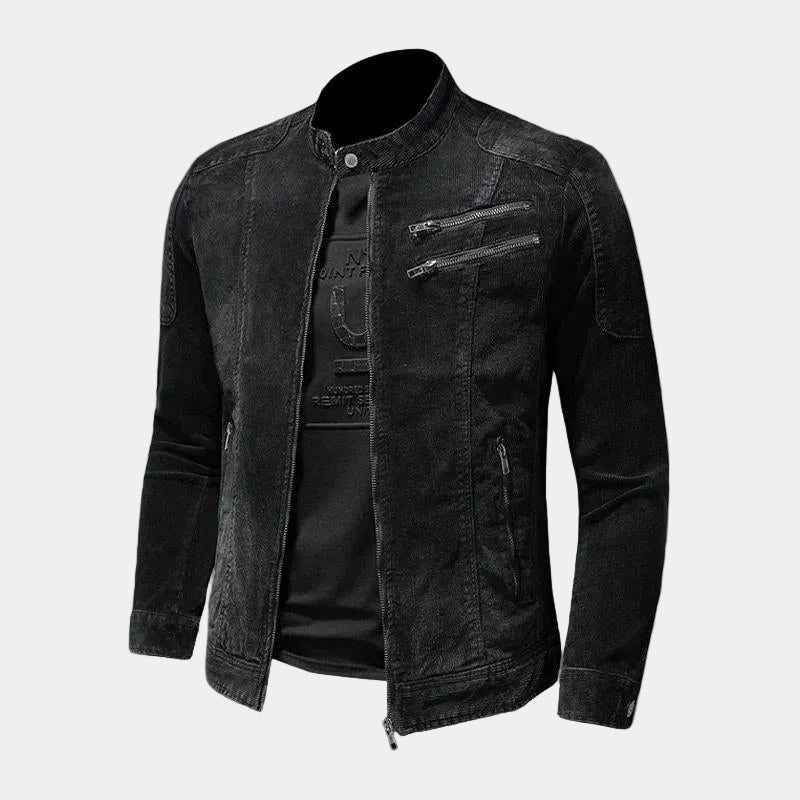 Montara & Crest Montara Onyx black denim jacket with classic fit and button closure, displayed on a hanger.