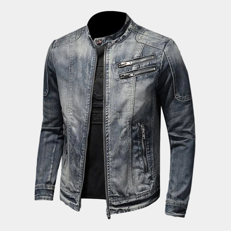 Light blue denim jacket from Montara & Crest, featuring classic design, visible stitching, and metal button details.