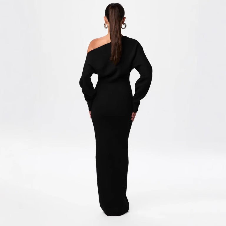 Montaracrest Evelyne off-shoulder dress in soft fabric featuring a stylish neckline and elegant design.