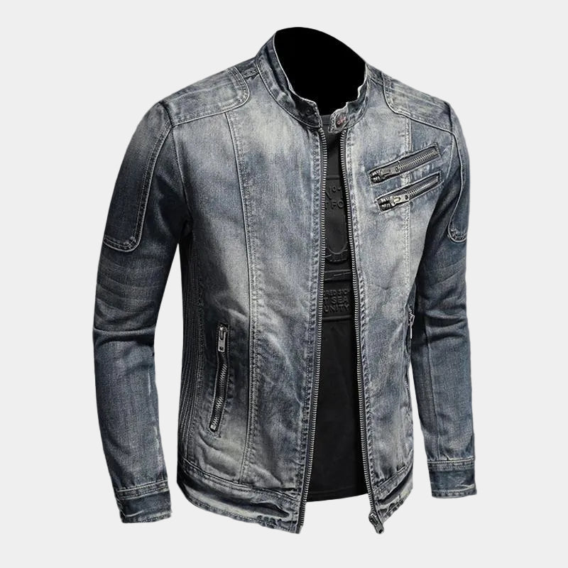 Light blue Montara & Crest denim jacket with classic collar and button closure, displayed on a hanger.