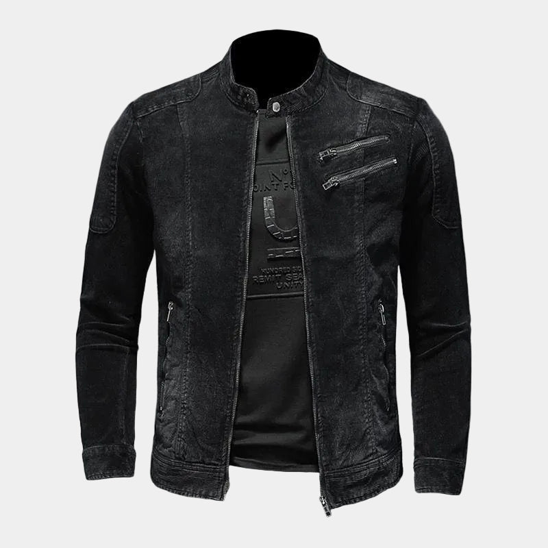 Montara & Crest Montara Onyx black denim jacket with classic design and button closures, stylish outerwear for casual wear.