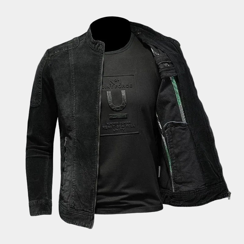 Montara & Crest Montara Onyx black denim jacket, stylish casual outerwear with a fitted design, shown on a model.