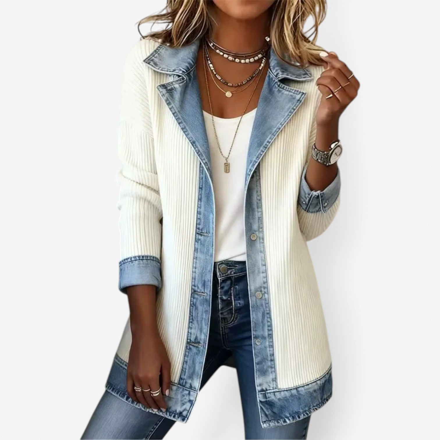 Montaracrest Emilia™ denim mixed fabric jacket displayed on a hanger with visible stitching and classic denim texture.