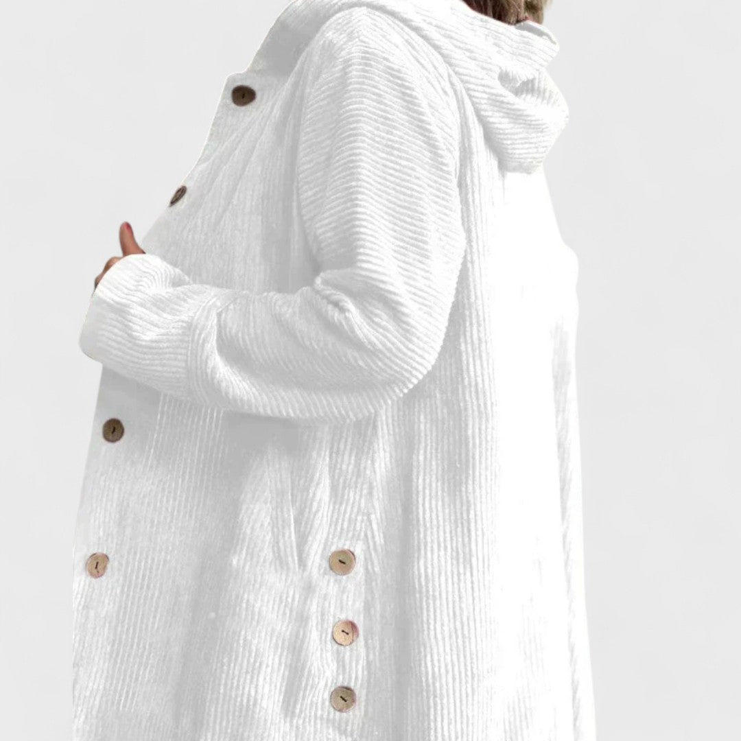 Montaracrest Cordia velvet hoodie jacket with ribbed details, featuring a cozy hood and textured fabric for stylish comfort.