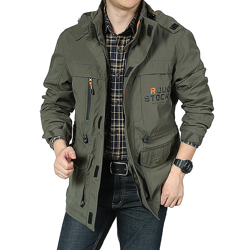 Montara & Crest utility parka with removable hood, waterproof fabric, and multiple pockets for outdoor wear.