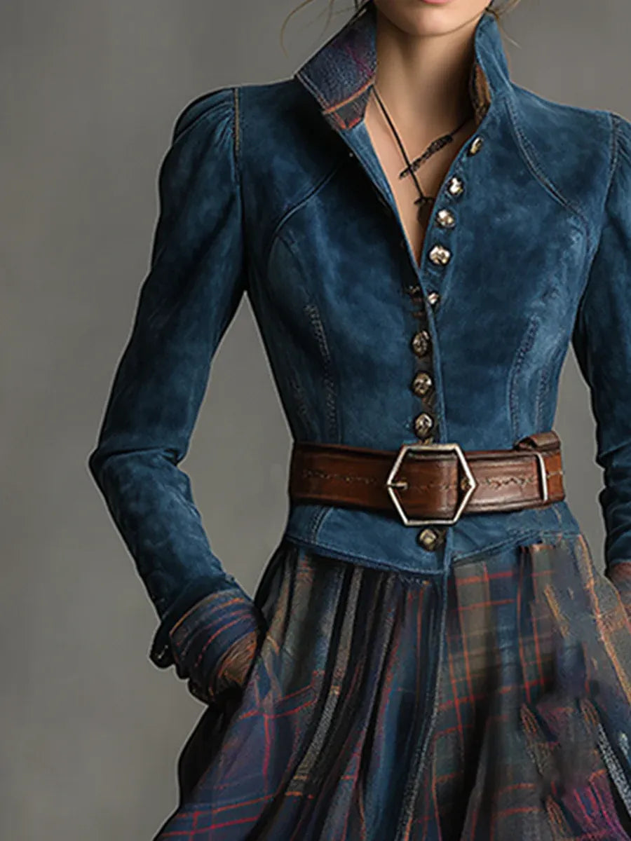 Tracy | Blue Faux Suede Plaid Maxi Dress