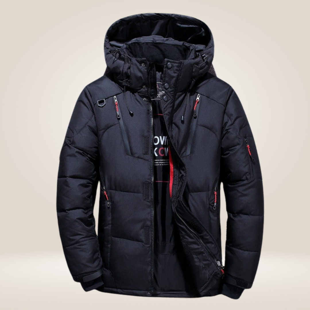 Black Daniele™ outdoor thermal jacket by Montaracrest, stylish winter parka with warm insulation and Nordic-inspired design.