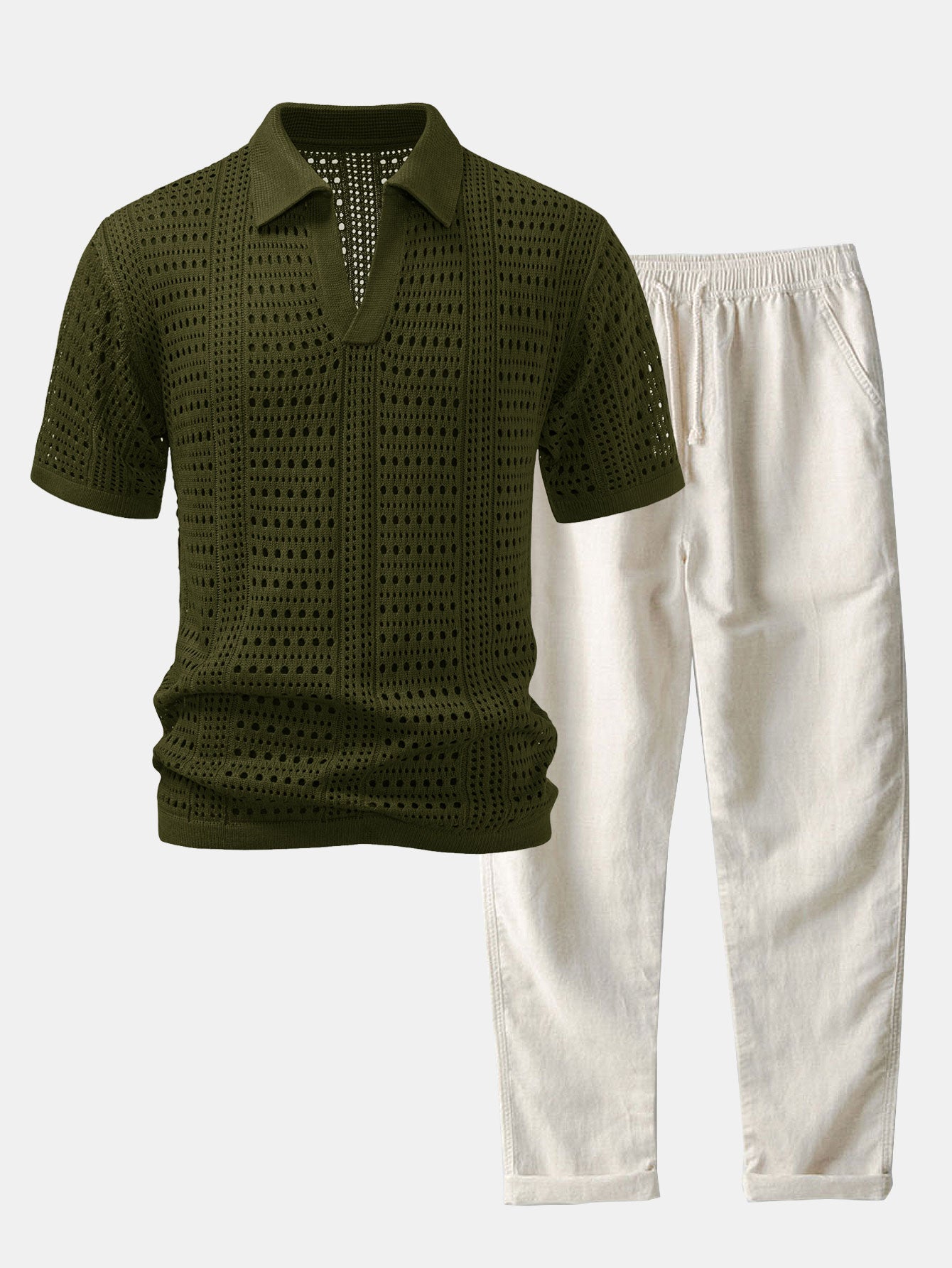 V-Neck Crochet Polo & Straight-Leg Linen Trousers