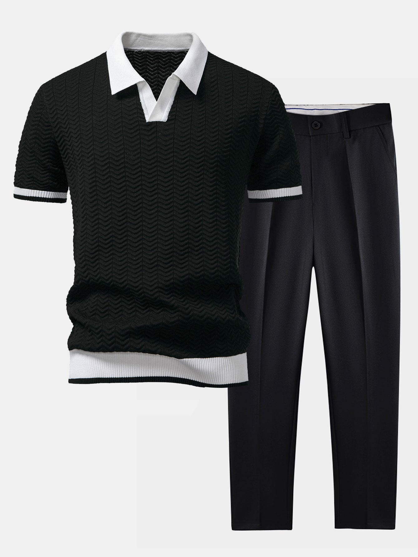 Textured Knit V-Neck Polo & Slim Fit Pants Set