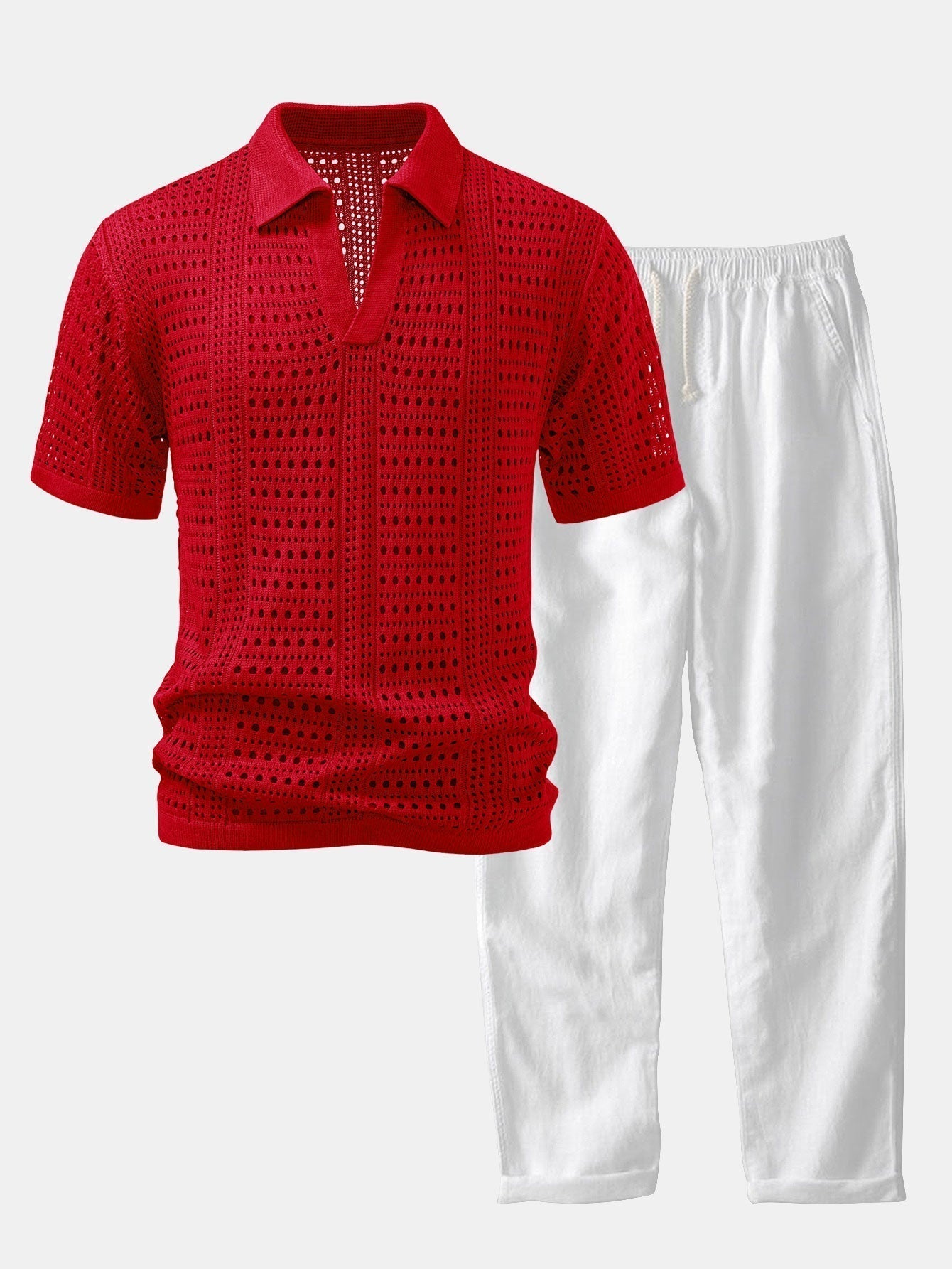 V-Neck Crochet Polo & Straight-Leg Linen Trousers