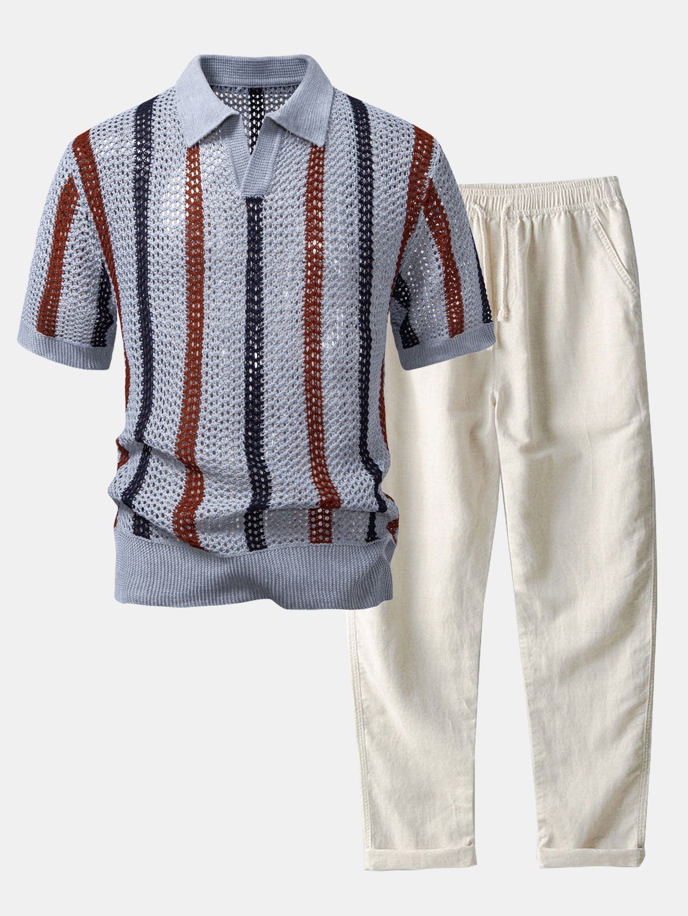 Crochet Polo Shirt & Straight-Leg Linen Trousers