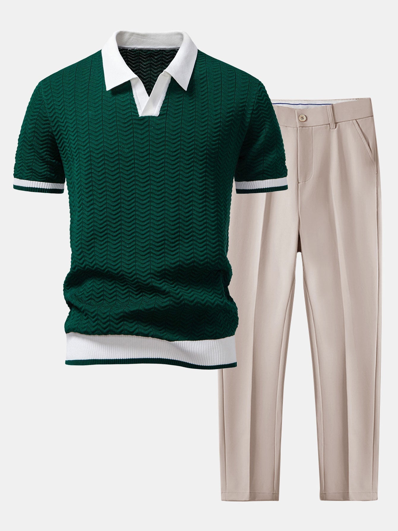 Textured Knit V-Neck Polo & Slim Fit Pants Set