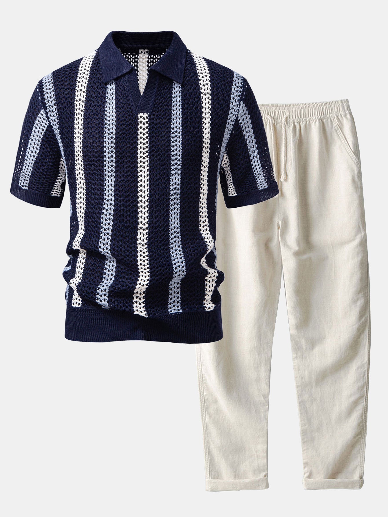 Crochet Polo Shirt & Straight-Leg Linen Trousers