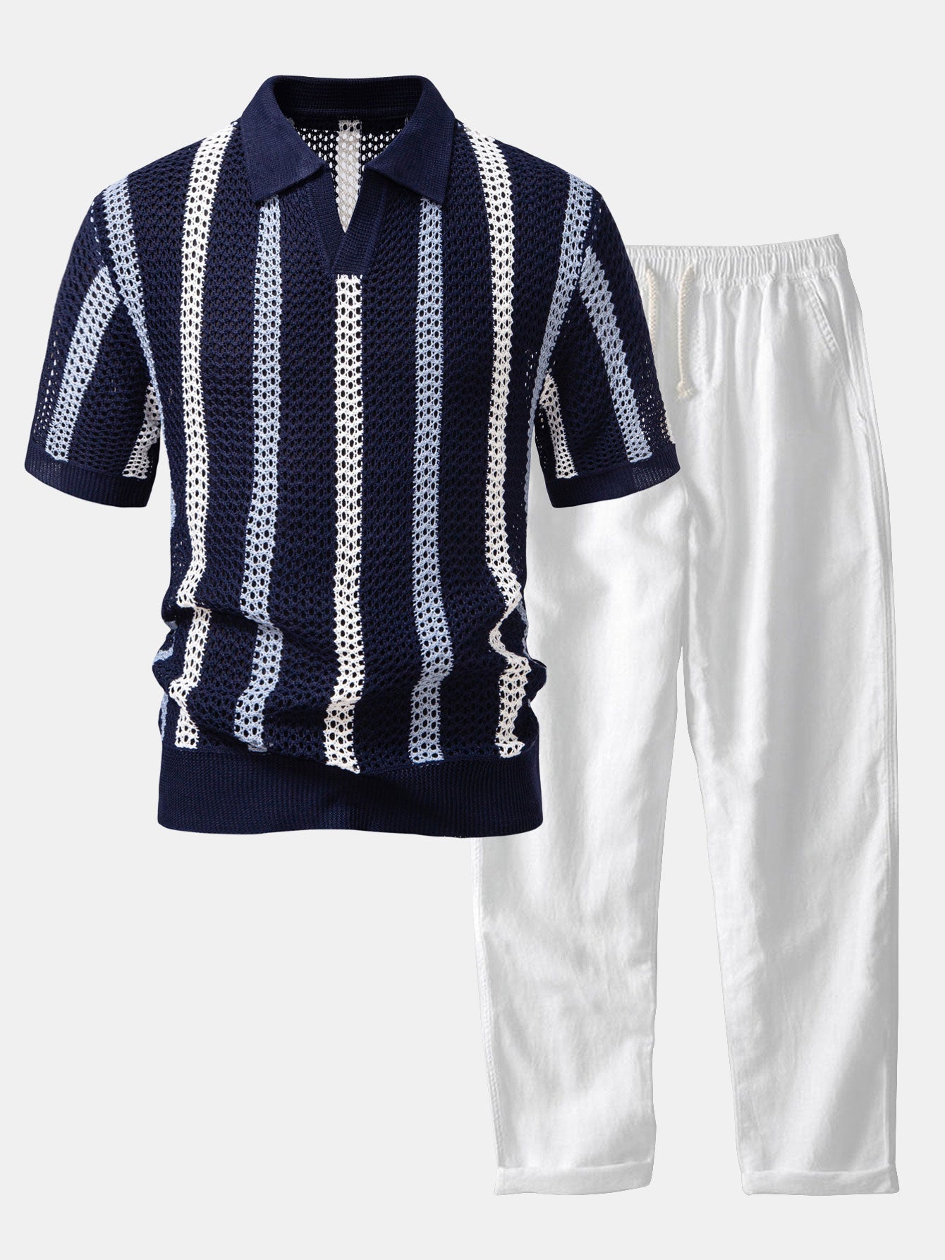Crochet Polo and Straight-Leg Linen Trousers - Montaracrest