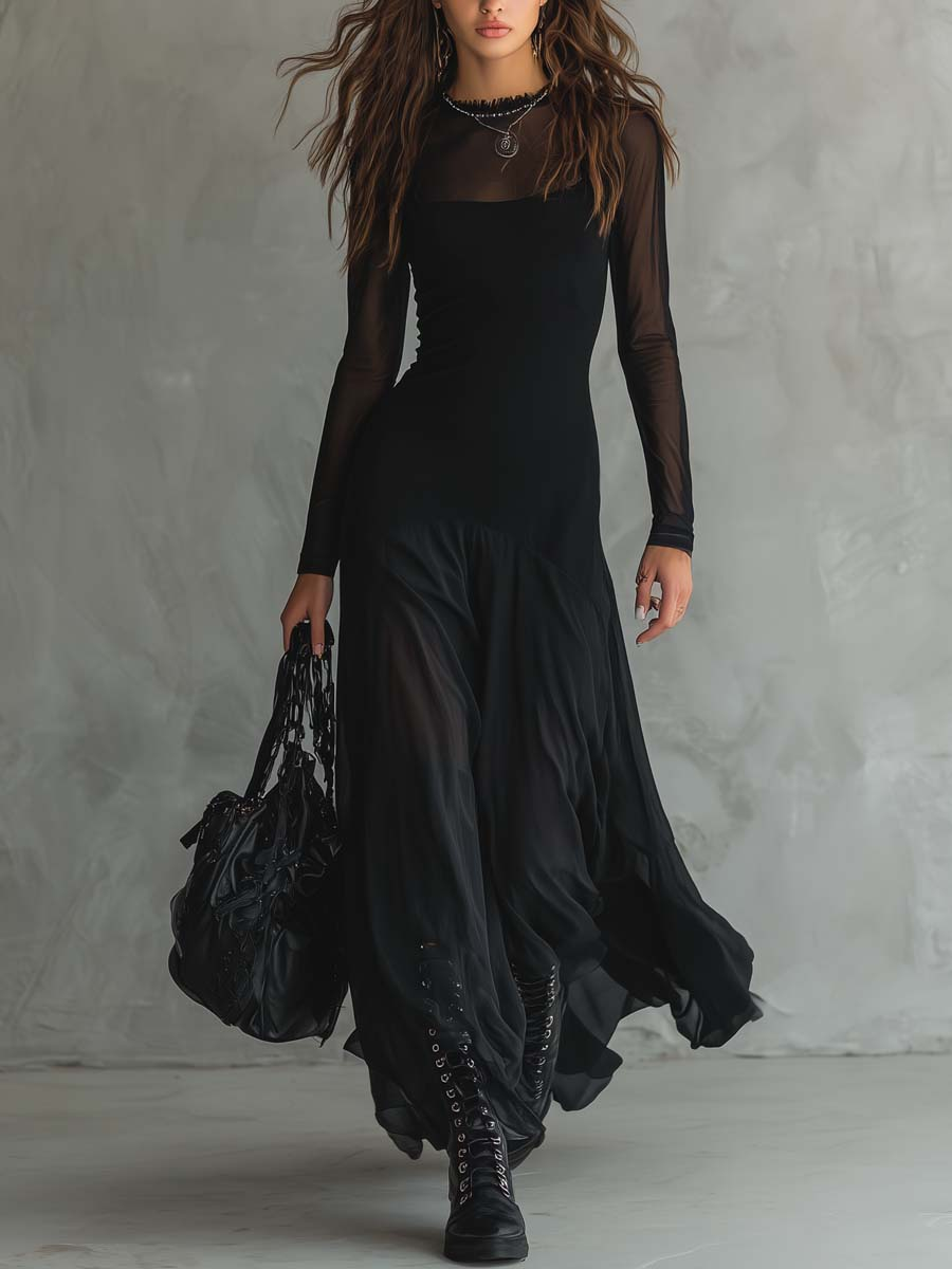Black Neroa maxi loose-fit tulle dress by Montaracrest, showcasing flowing fabric and elegant design in a full-length view.