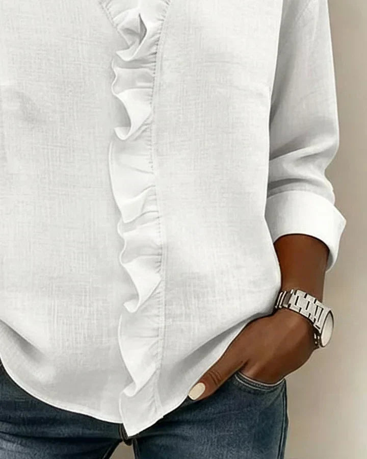 Montaracrest Chiara™ V-neck blouse with delicate ruffle details, lightweight fabric, and feminine design.