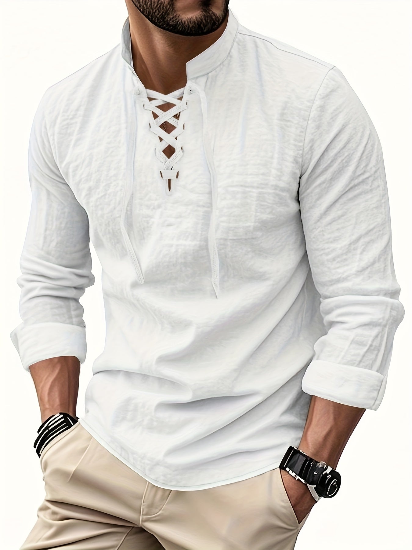 Montara & Crest V-Neck Shirt displayed on a hanger, featuring a soft fabric and classic fit in a neutral color.