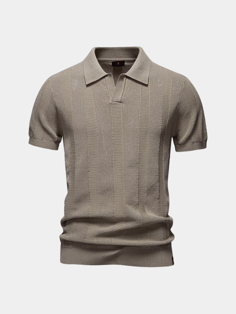 Beige polo shirt from Montaracrest with antique-style cross crown embroidery, casual and stylish men's apparel.